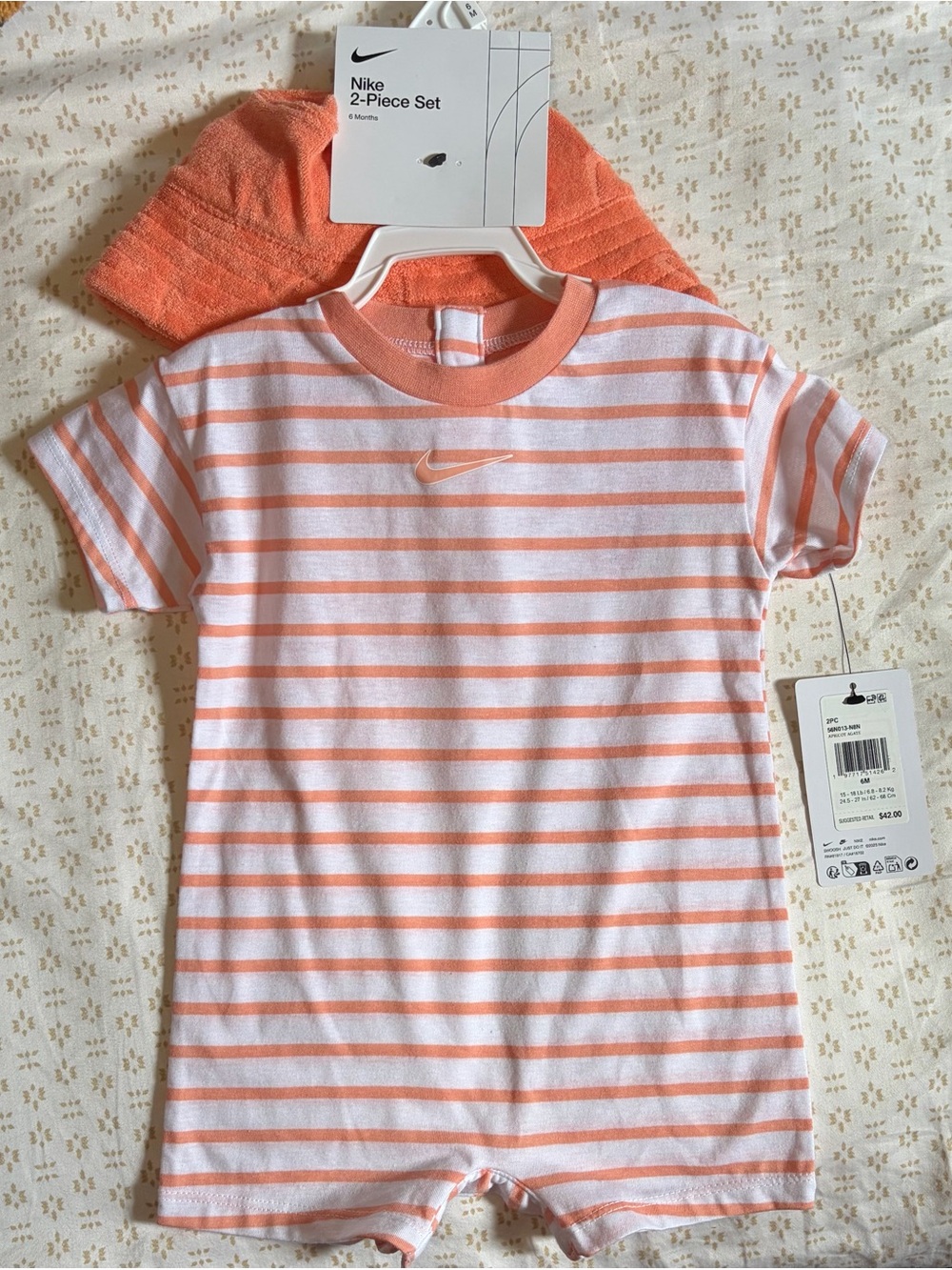 Nike Orange and White Striped Short-Sleeve Romper with Matching Hat